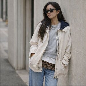 London Fog Vintage Cream & Navy Hooded Raincoat | Preppy Jacket, Size-Small